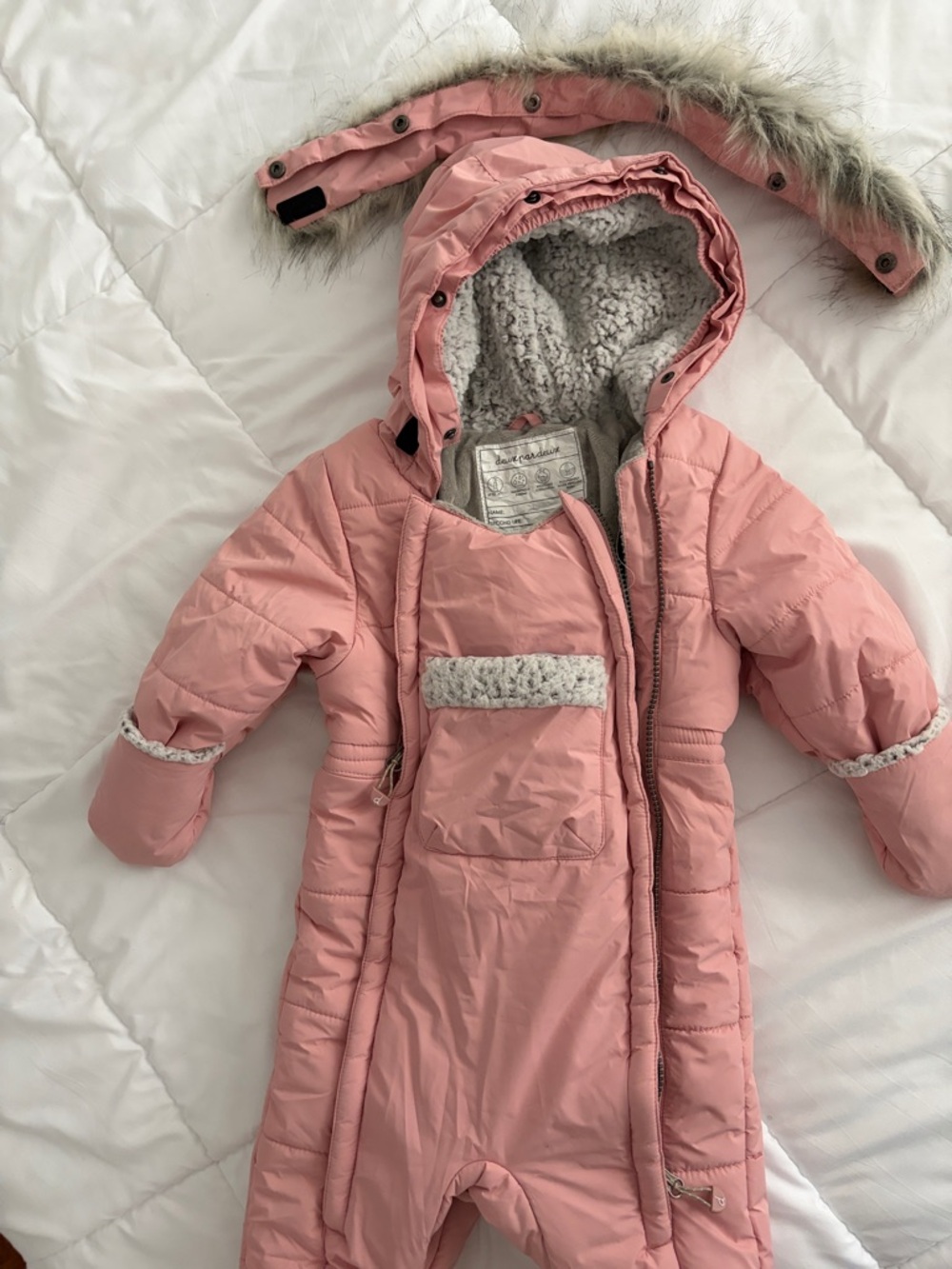 deux par deux Pink Quilted Infant Snowsuit with Sherpa Lining